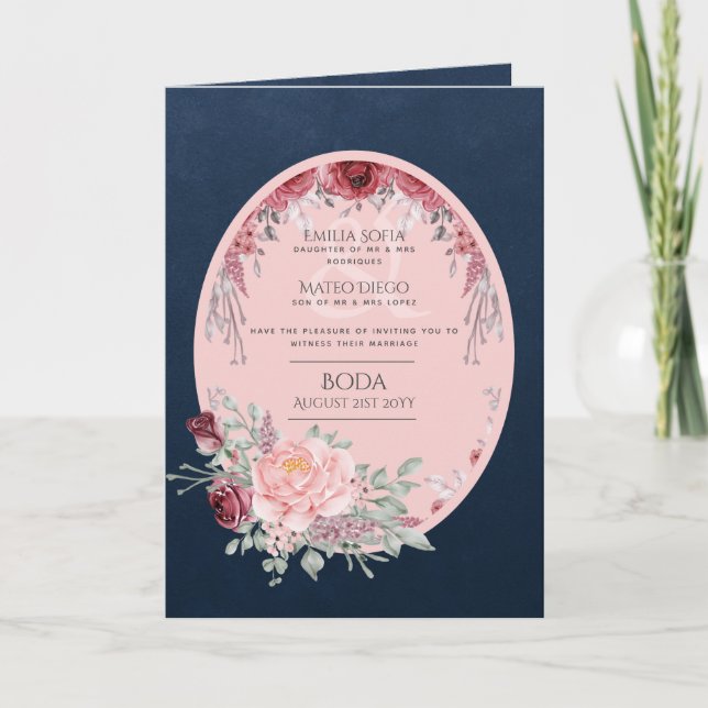 4pg Spanische BODA Einladung Navy Blue Pink Burgun (Vorderseite)