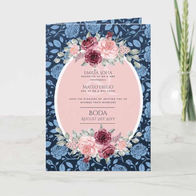 4pg Spanische BODA Einladung Navy Blue Pink Burgun (Vorderseite)