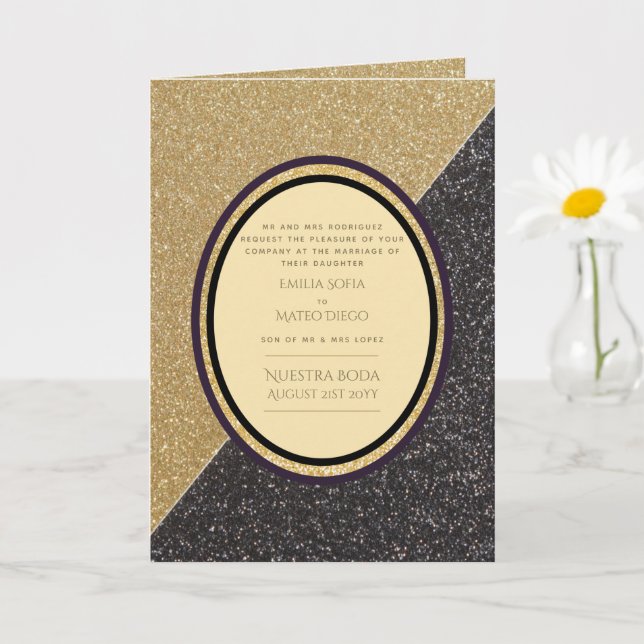 4pg Spanische BODA Einladungen, Gold Black Wedding Karte (Kleine Pflanze)