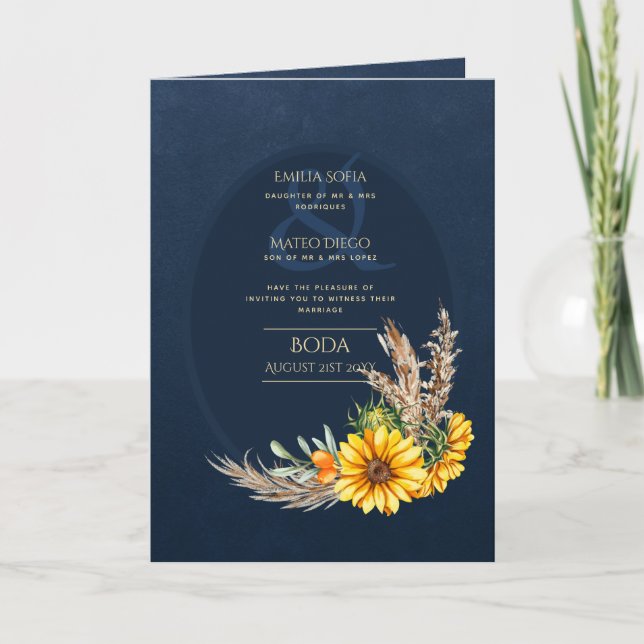 4pg Spanische BODA Einladungen Navy Blue Sunflower (Vorderseite)