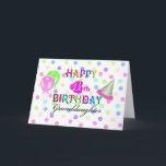 4th Birthday Granddaughter Karte<br><div class="desc">A fun party birthday card for a 4 year old granddaughter with confetti in the background in pastel colors, the center with colorful "Happy 4th Birthday" and "Granddaughter" in black. On the left side of the words you find a pink polka dot balloon and a green polka dot balloon, a...</div>
