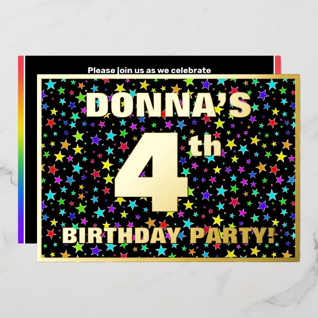 4th Birthday Party — Fun, Colorful Stars Pattern Folieneinladung (Vorderseite/Rückseite)