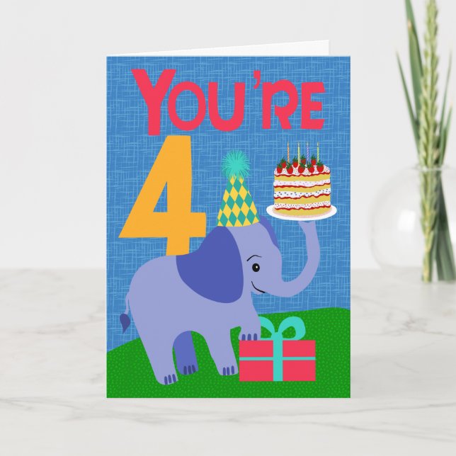 4th Birthday with Elephant and Cake Karte (Vorderseite)