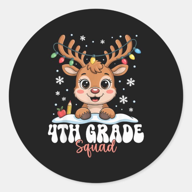 4th Grade Squad Reindeer Christmas Lights Cute Win Runder Aufkleber (Vorderseite)