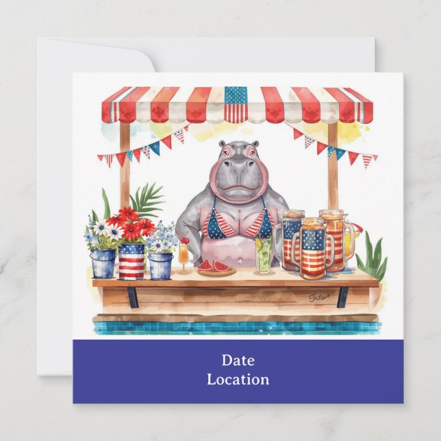 4th July Pool Party with Hippo in Bikini  Einladung (Vorderseite)