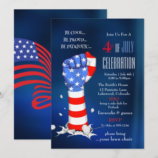 4th of July Celebration American Flag Fist Einladung (Vorne/Hinten)
