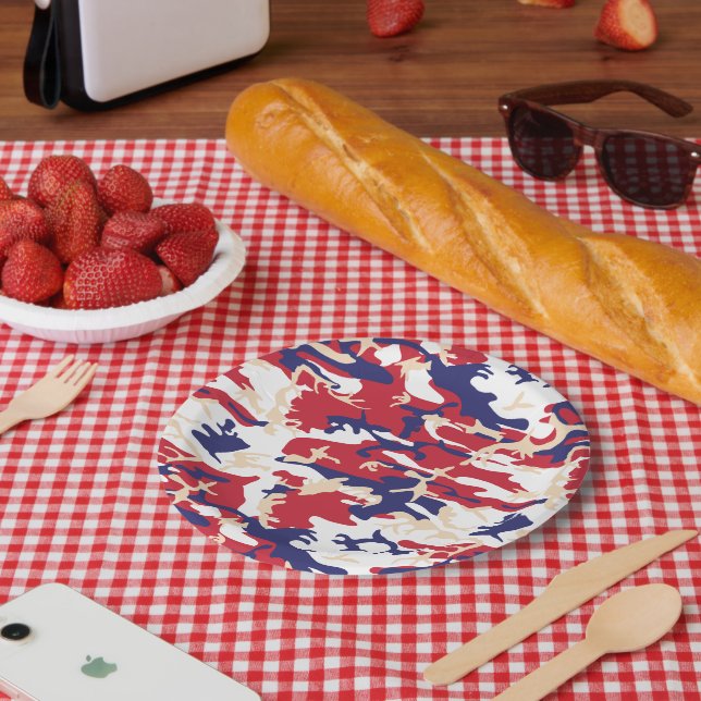 4th of July, Independence day, Camouflage Beige Pappteller (Picknick)