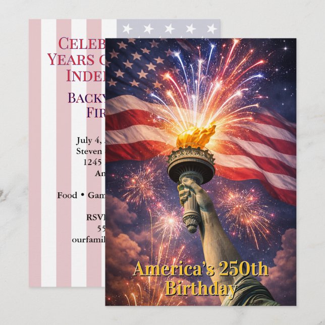 4th of July Liberty Torch Fireworks USA 250th Einladung (Vorne/Hinten)