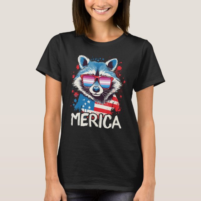 4th Of July Merica  Raccoon Bigender Sunglasses Fl T-Shirt (Vorderseite)