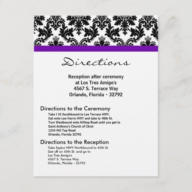 4x5 Carte de direction Black Damask Purple Recepti (Devant)