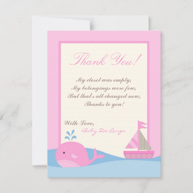 4x5 FLAT Danke Karte Pink Naut Segelboot Whale (Vorderseite)