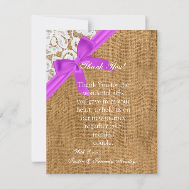 4x5 FLAT Vielen Dank Card Lila Burlap Lace Dankeskarte (Vorderseite)