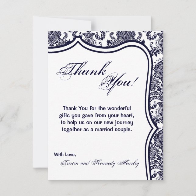 4x5 FLAT Vielen Dank Card Navy Blue Damask Lace Dankeskarte (Vorderseite)