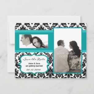4x5 Save the Date Karte - Schwarzer Damast und Aqu