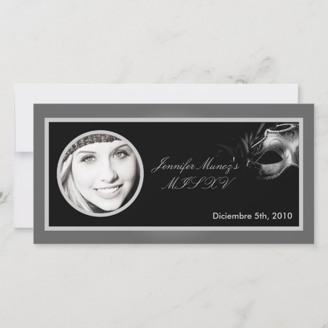 4x8 Mis XV Faire-part de fête noire en argent (Devant)