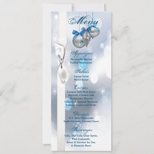4x9.25 Cartes de menu Ornements Snowflakes Flacons (Devant)
