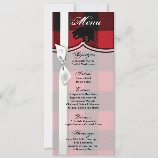 4x9.25 Cartes de menu Ours Noir Rouge Plaid (Devant)