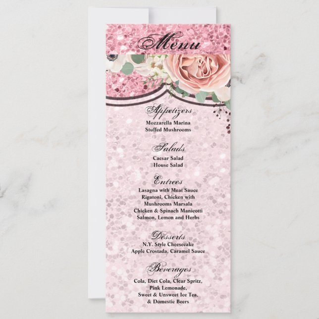 4x9.25 Cartes de menu Parties scintillant de Rose  (Devant)