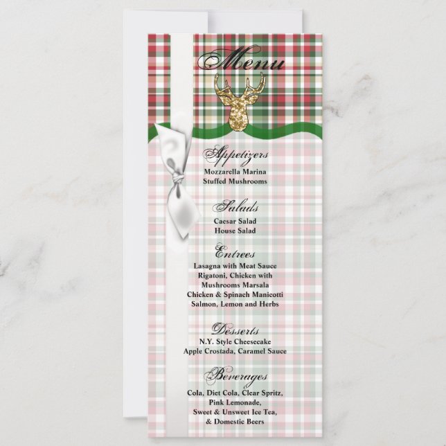 4x9,25 Menu Cards Gold Glitzer Rentier Kariert Buc Einladung (Vorderseite)