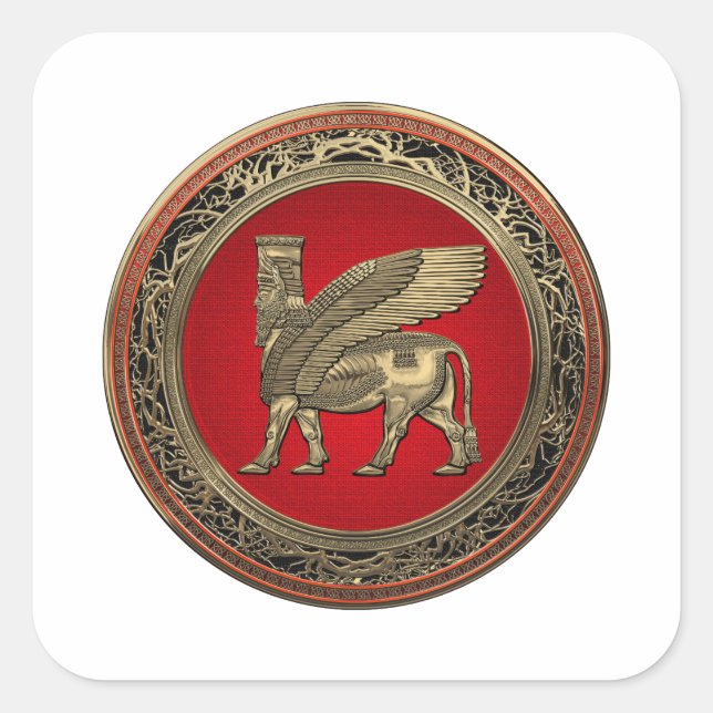 [500] Assyrian Winged Bull - Gold Lamassu Quadratischer Aufkleber (Vorderseite)