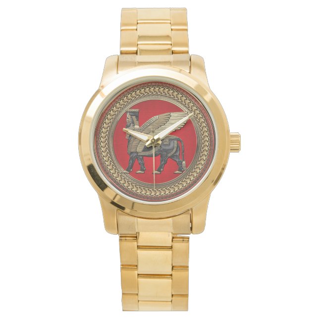 [500] Assyrian Winged Bull: Gold und Black Lamassu Armbanduhr (Vorderseite)