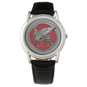 [500] Assyrian Winged Bull: Silver & Black Lamassu Armbanduhr