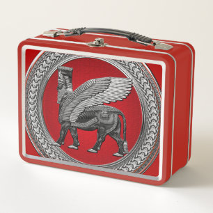 [500] Assyrian Winged Bull: Silver & Black Lamassu Metall Brotdose