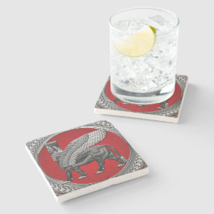 [500] Assyrian Winged Bull: Silver & Black Lamassu Steinuntersetzer