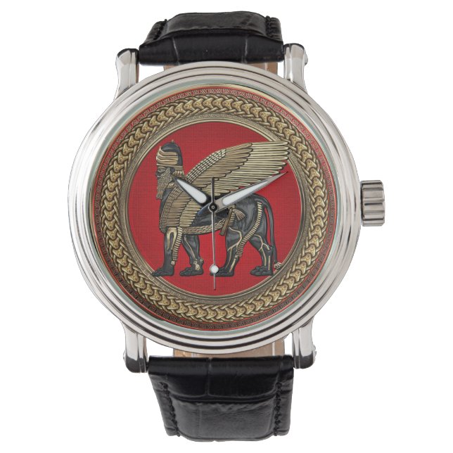 [500] Assyrian Winged Lion: Gold & Black Lamassu Armbanduhr (Vorderseite)