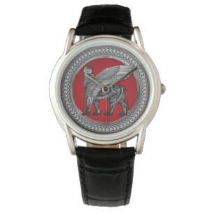 [500] Assyrian Winged Lion: Silver & Black Lamassu Armbanduhr