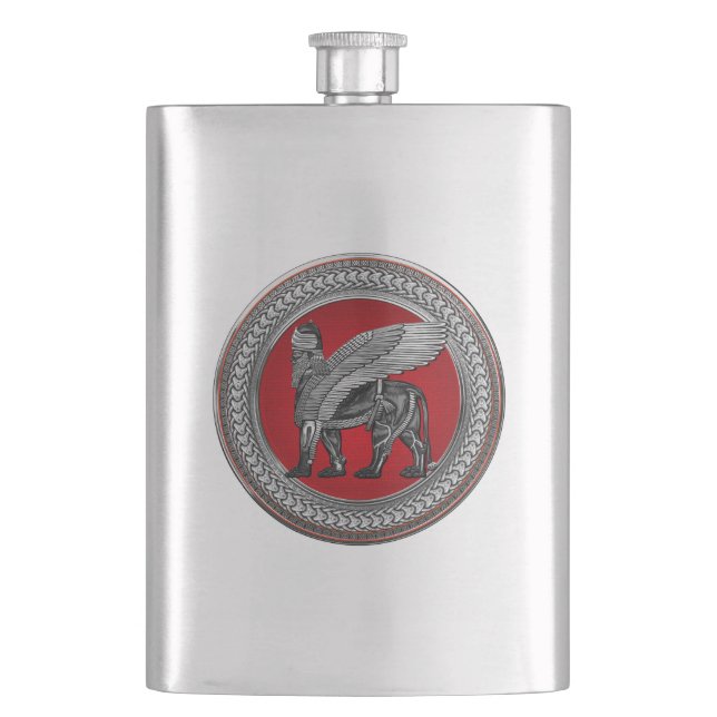 [500] Assyrian Winged Lion: Silver & Black Lamassu Flachmann (Vorderseite)