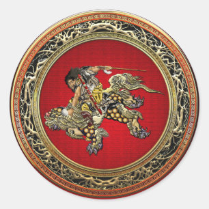 [500] Hokusai - Shoki Riding Shishi Lion Runder Aufkleber