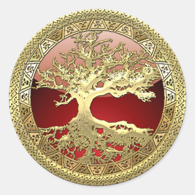 [500] Keltischer Baum des Lebens [Gold] Runder Aufkleber (Vorderseite)