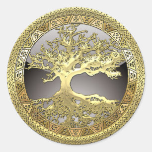 [500] Keltischer Lebensbaum [Gold] Runder Aufkleber