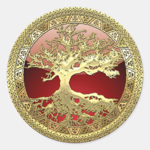 [500] Keltischer Lebensbaum [Gold] Runder Aufkleber