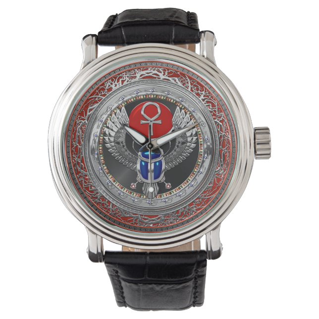 [500] Sacred Silver Egyptian Winged Scarab & Ankh Armbanduhr (Vorderseite)
