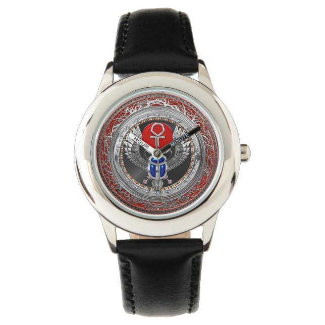 [500] Sacred Silver Egyptian Winged Scarab & Ankh Armbanduhr (Vorderseite)