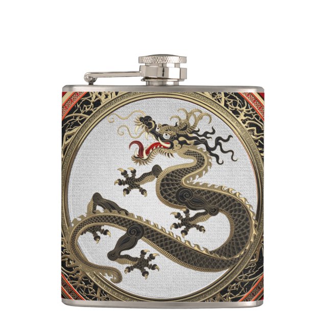 [500] Schwarzer und Gold Heiliger Ostdrache Flachmann (Vorderseite)