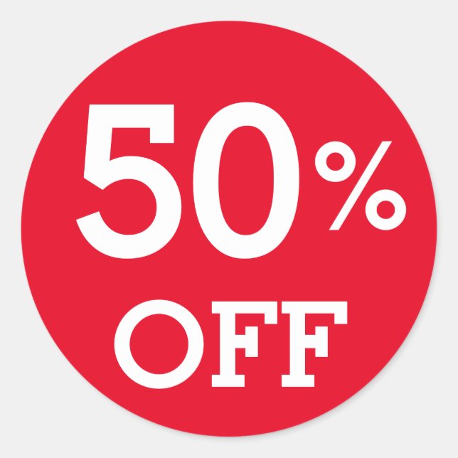 50 % 50 % Rabatt Verkauf weiß und rot Runder Aufkleber (Vorderseite)
