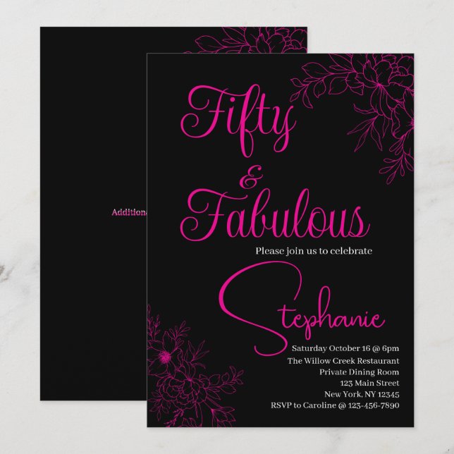 50 and Fabulous | 50th Birthday Party Black Pink Einladung (Vorne/Hinten)