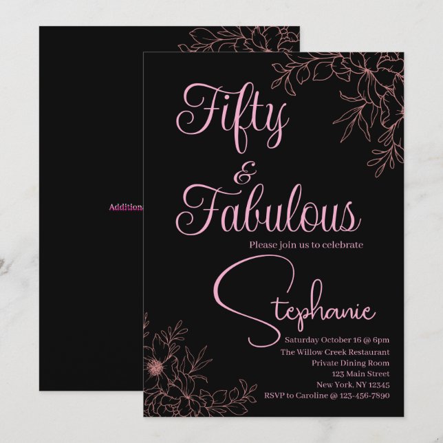 50 and Fabulous | 50th Birthday Party Black Pink Einladung (Vorne/Hinten)