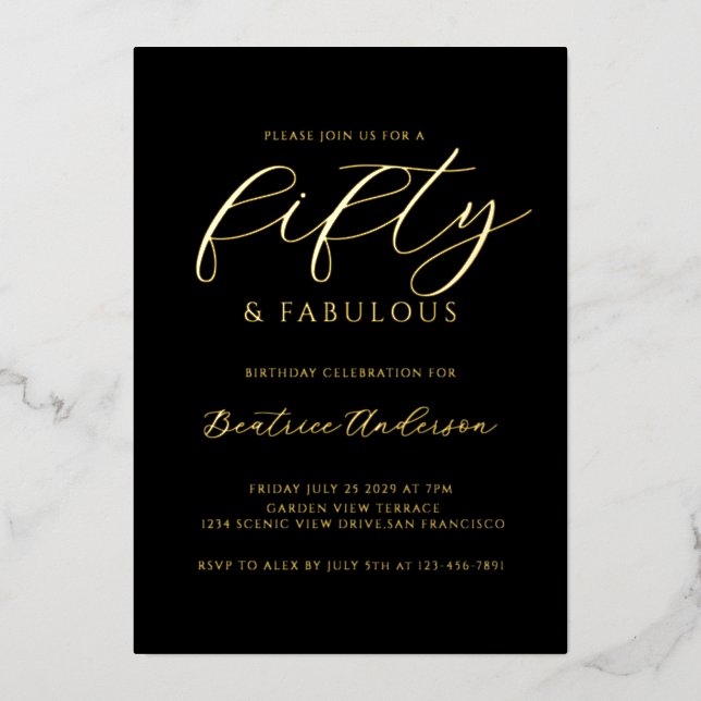 50 and Fabulous Birthday Black Gold Folieneinladung (Vorderseite)