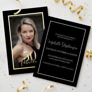 50 and Fabulous Birthday Elegant Photo Black Gold Folieneinladung