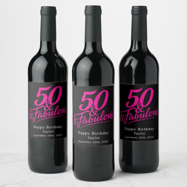 50 and Fabulous Birthday Pink Script Custom Weinetikett (Flaschen)