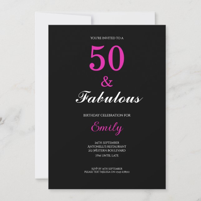 50 and Fabulous Black Pink Birthday Einladung (Vorderseite)