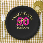 50 and Fabulous Custom Name Fiftieth Birthday Pappteller<br><div class="desc">Bold 50 and Fabulous 50th birthday party Paper Plates with gold and pink typography against a black background. Ideal for glam fiftieth birthday celebrations. Add your name for that extra special touch.</div>