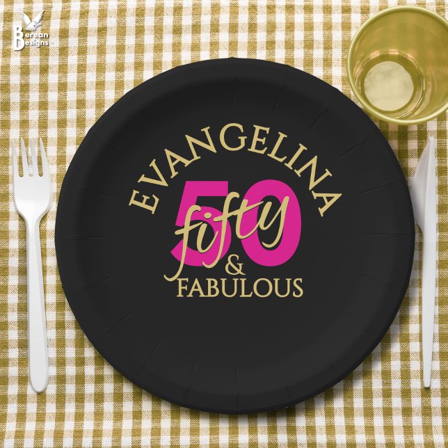 50 and Fabulous Custom Name Fiftieth Birthday Pappteller (50 and Fabulous 50th birthday paper plate with custom name. Ideal for fiftieth birthday celebrations)