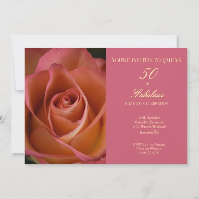 50 and Fabulous Floral Pink Rose Birthday Einladung (Vorderseite)