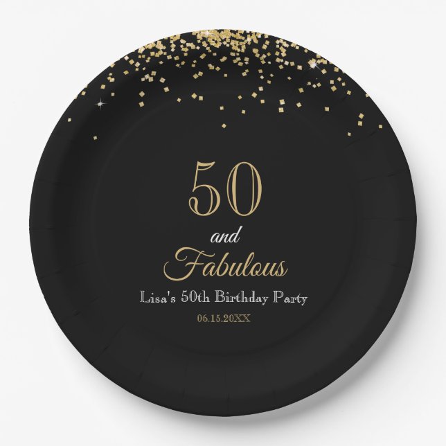 50 and Fabulous Gold Glitter and Black Birthday Pappteller (Vorderseite)