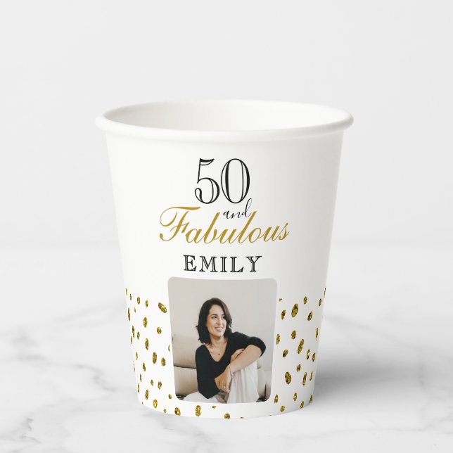 50 and Fabulous Gold Glitter Photo 50th Birthday Pappbecher (Vorderseite)